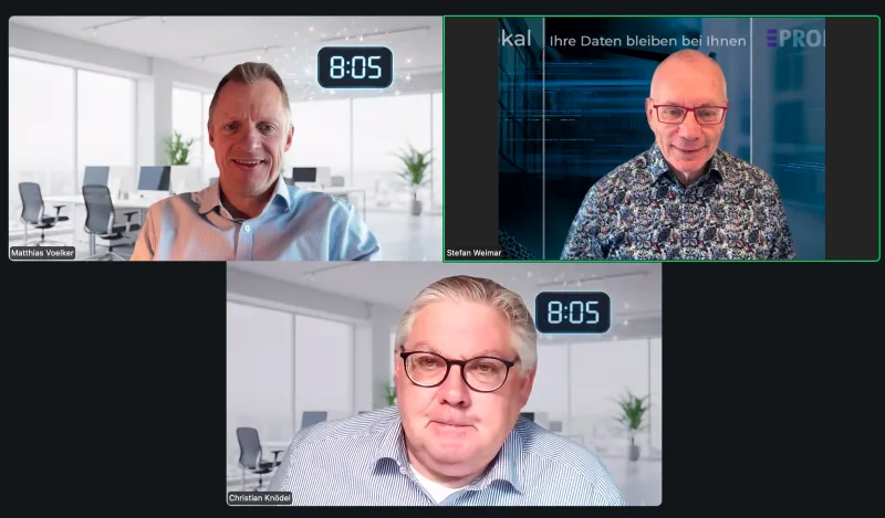 Zoom-Screenshot des Live-Vortrags fünf nach acht am 15. Mai 2026: Matthias Voelker, Stefan Weimar und Christian Knödel zu lokaler KI
