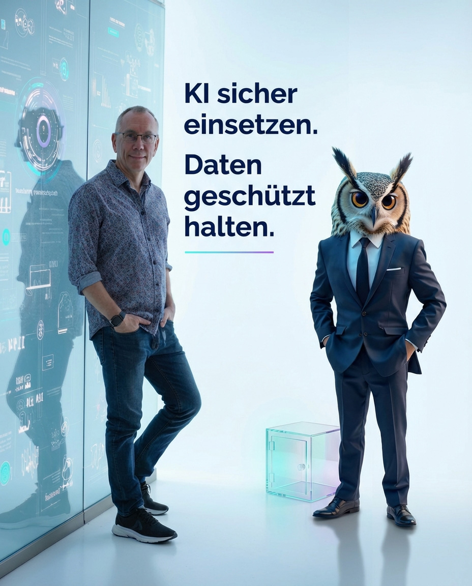 Stefan Weimar, TÜV-zertifizierter KI-Berater, mit KI-generierter Eule – PRODOC Digital