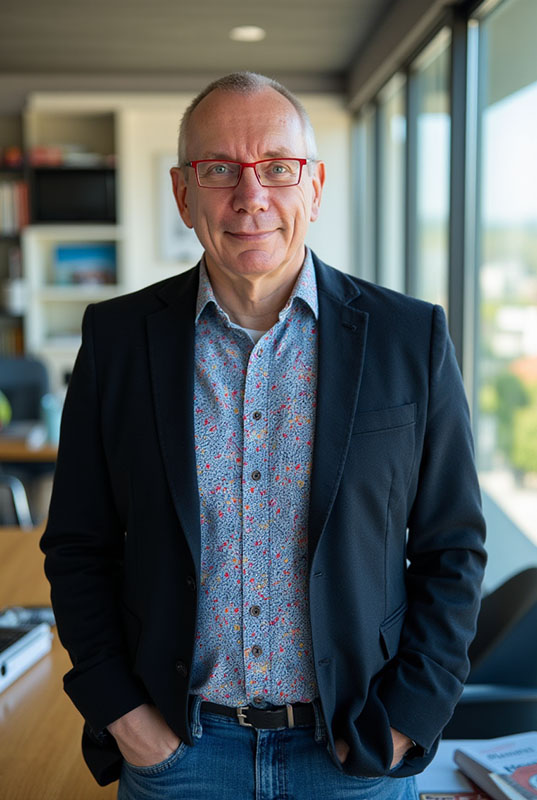 Stefan Weimar vor digitalem Dashboard – KI-Berater und Geschäftsführer PRODOC Digital